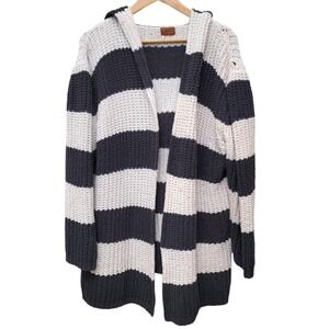 POL Cardigan Large Hooded‎ Striped Gray White Chunky Knit